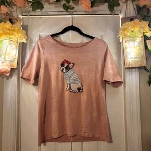 Super Cute Talbots Sequined  French Bulldog wearing Baret in light-blush t-shirt
